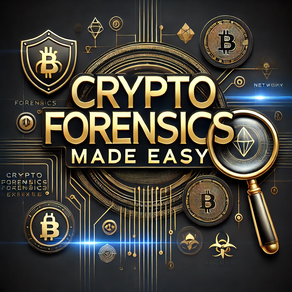 DALL·E 2025-02-17 13.19.48 - A sleek and modern digital design featuring the title 'Crypto Forensics Made Easy' in bold, gold typography against a deep black background. The desig